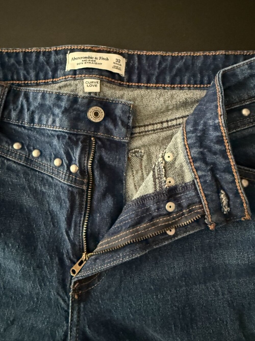 Abercrombie & Fitch Curve Love Mid Rise 90s Straight Studded Jeans Dark Wash Siz - Picture 9 of 14